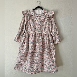 Floral Ruffle Collar Women’s Dress - Cream with Pink & Blue Floral